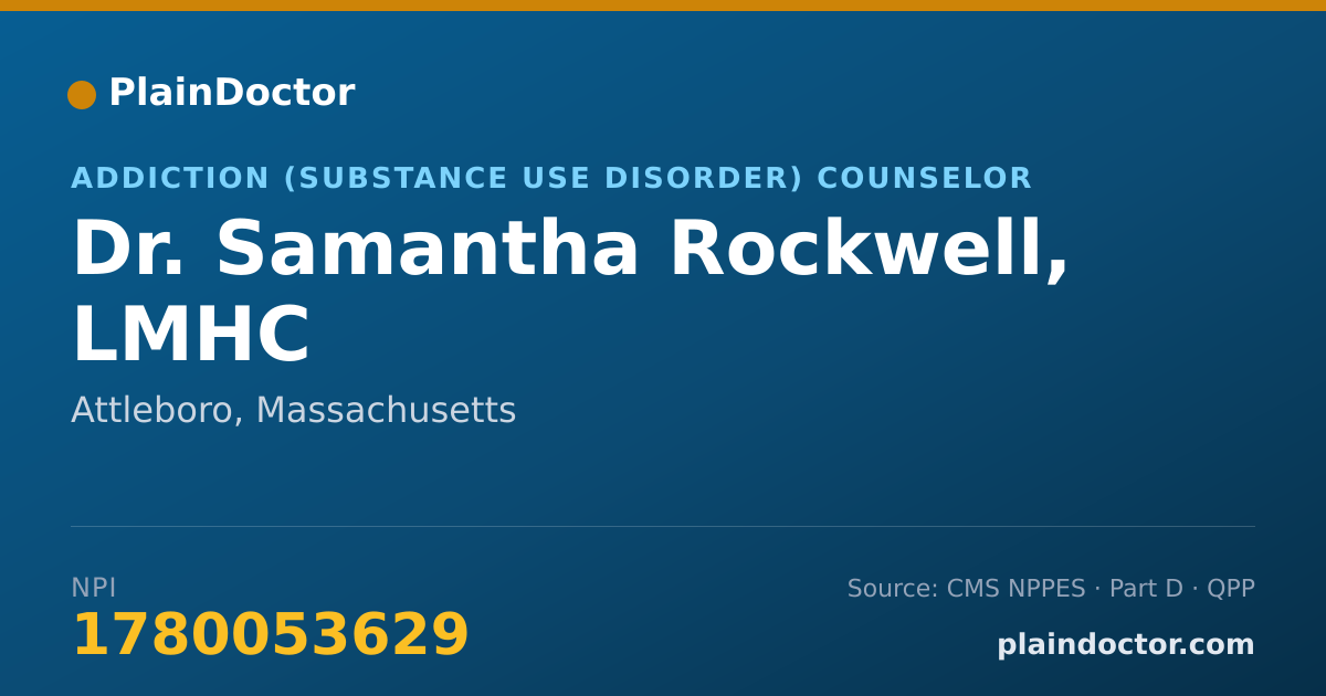 Shareable card for Samantha Rockwell, LMHC - Addiction (Substance Use Disorder) Counselor, Attleboro, MA