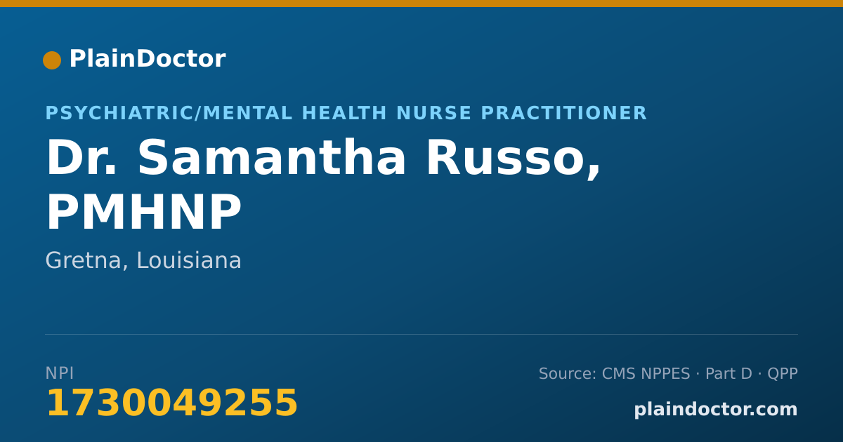 Shareable card for Samantha Russo, PMHNP - Psychiatric/Mental Health Nurse Practitioner, Gretna, LA