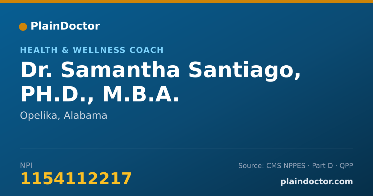 Shareable card for Samantha Santiago, PH.D., M.B.A. - Health & Wellness Coach, Opelika, AL