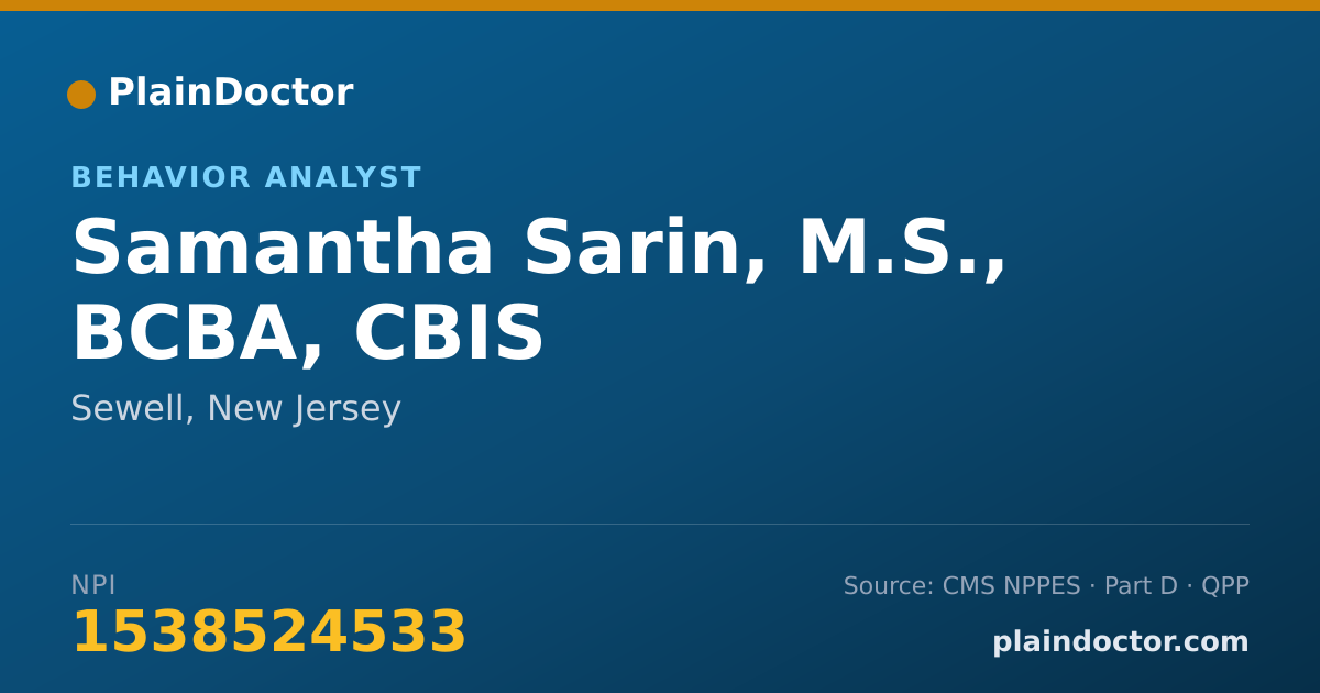 Shareable card for Samantha Sarin, M.S., BCBA, CBIS - Behavior Analyst, Sewell, NJ