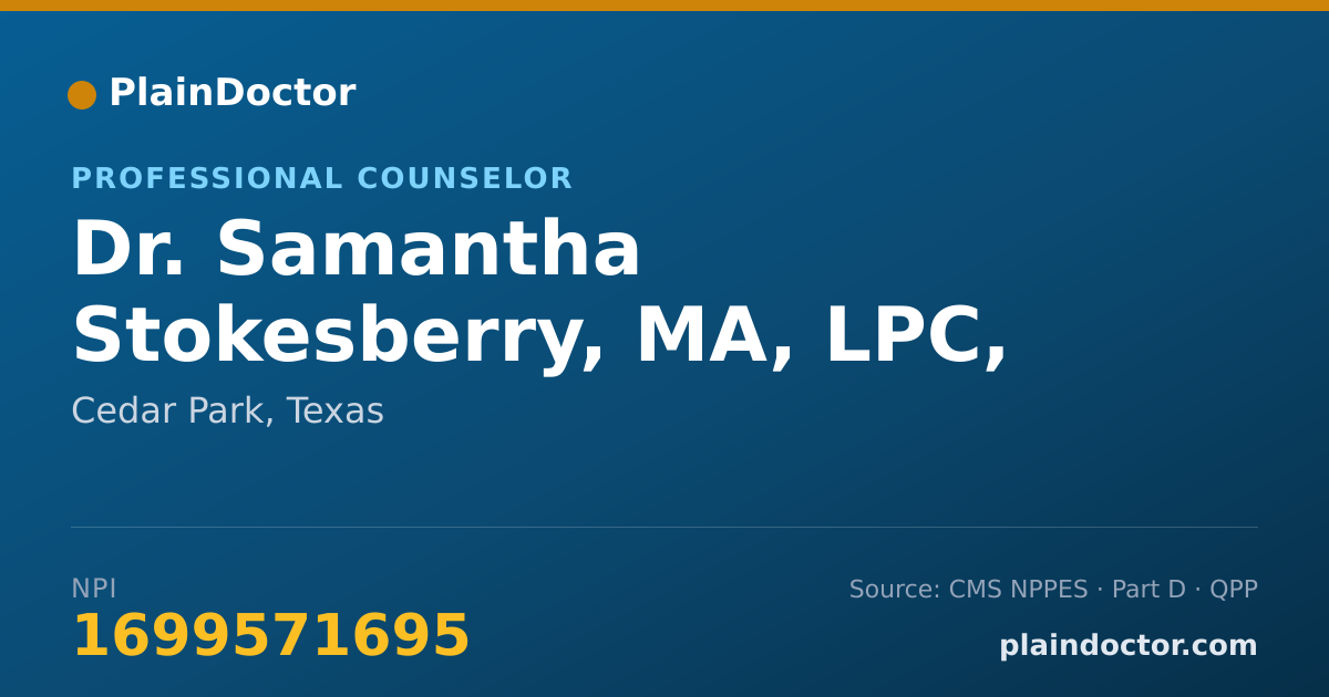 Shareable card for Samantha Stokesberry, MA, LPC, NCC - Professional Counselor, Cedar Park, TX