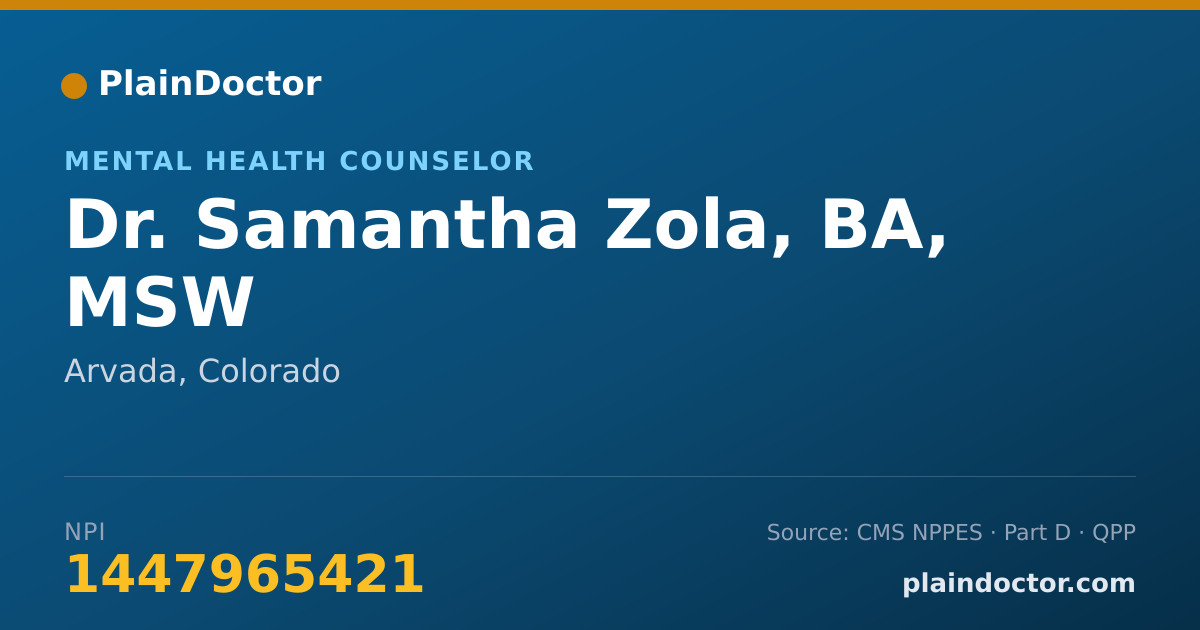 Shareable card for Samantha Zola, BA, MSW - Mental Health Counselor, Arvada, CO
