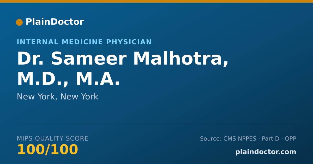 Shareable card for Sameer Malhotra, M.D., M.A. - Internal Medicine Physician, New York, NY