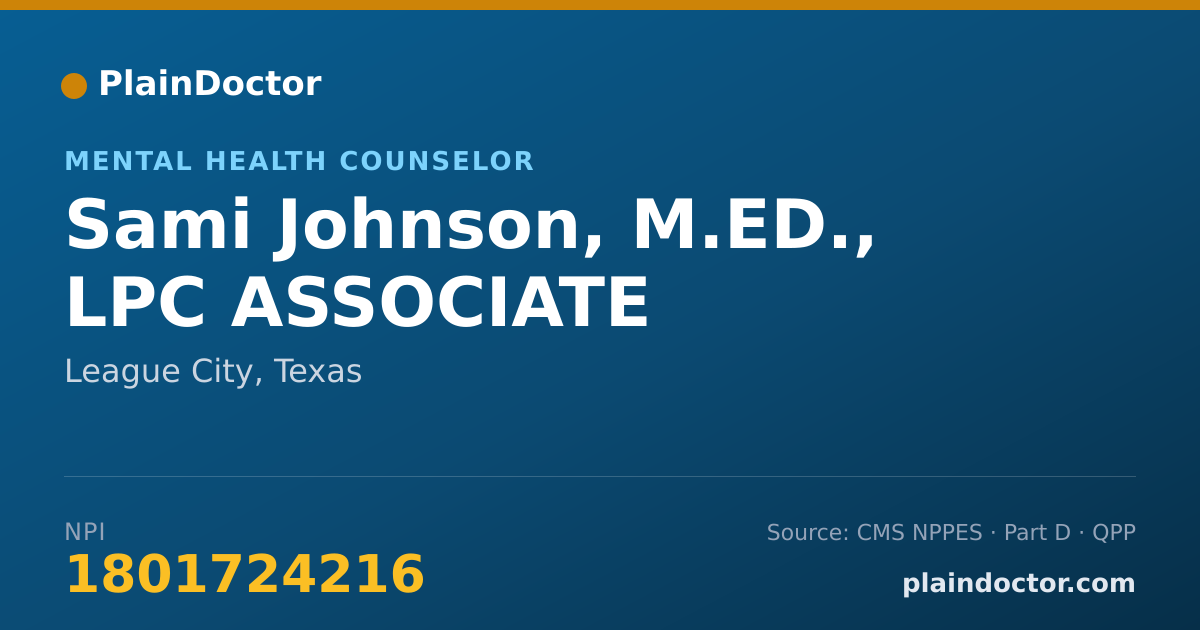 Shareable card for Sami Johnson, M.ED., LPC ASSOCIATE - Mental Health Counselor, League City, TX
