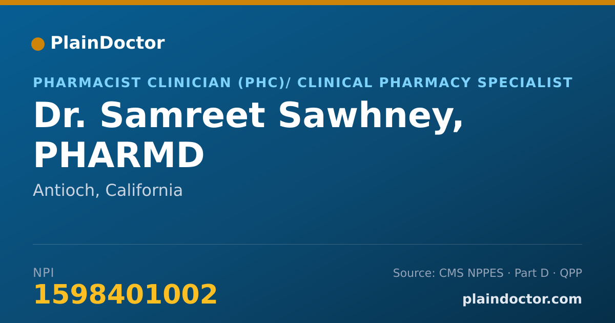 Shareable card for Samreet Sawhney, PHARMD - Pharmacist Clinician (PhC)/ Clinical Pharmacy Specialist, Antioch, CA