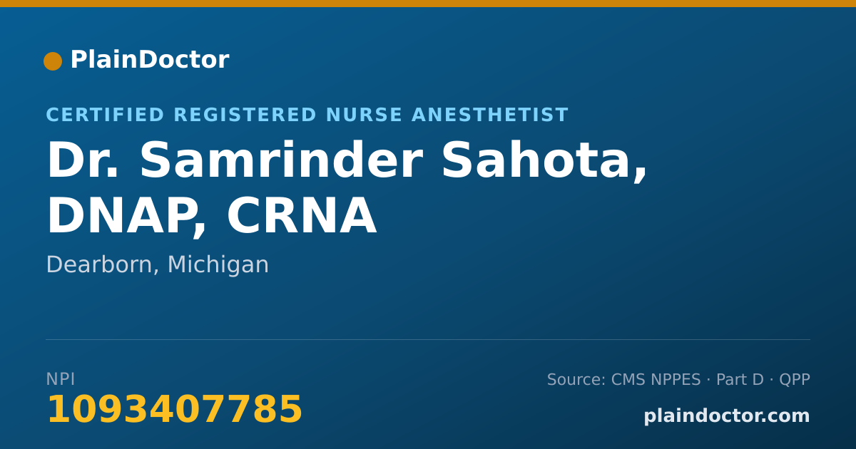 Shareable card for Samrinder Sahota, DNAP, CRNA - Certified Registered Nurse Anesthetist, Dearborn, MI