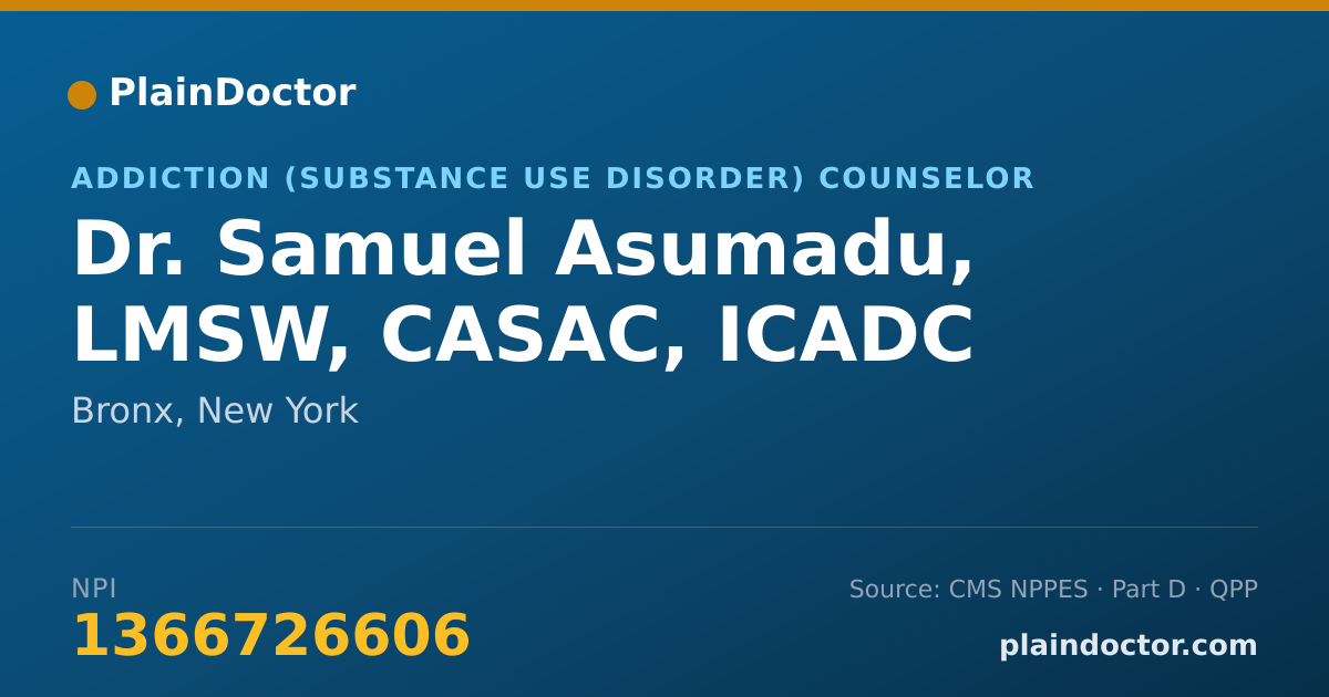 Shareable card for Samuel Asumadu, LMSW, CASAC, ICADC - Addiction (Substance Use Disorder) Counselor, Bronx, NY