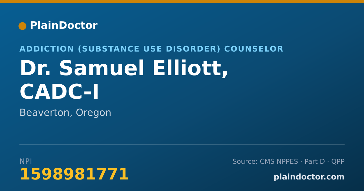Shareable card for Samuel Elliott, CADC-I - Addiction (Substance Use Disorder) Counselor, Beaverton, OR