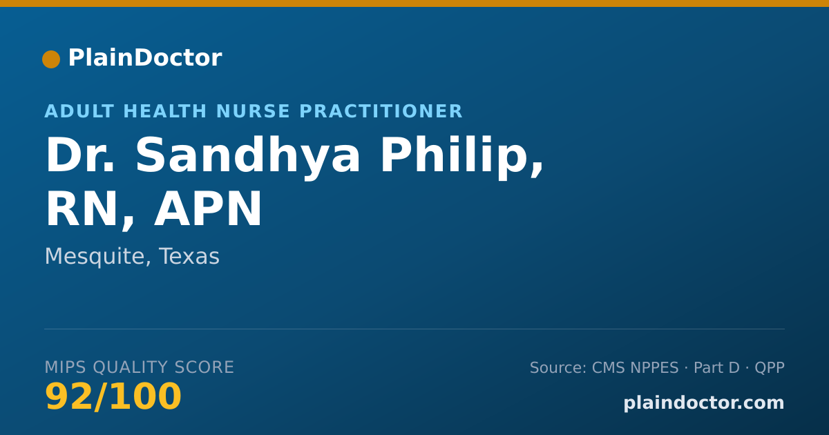 Shareable card for Sandhya Philip, RN, APN - Adult Health Nurse Practitioner, Mesquite, TX