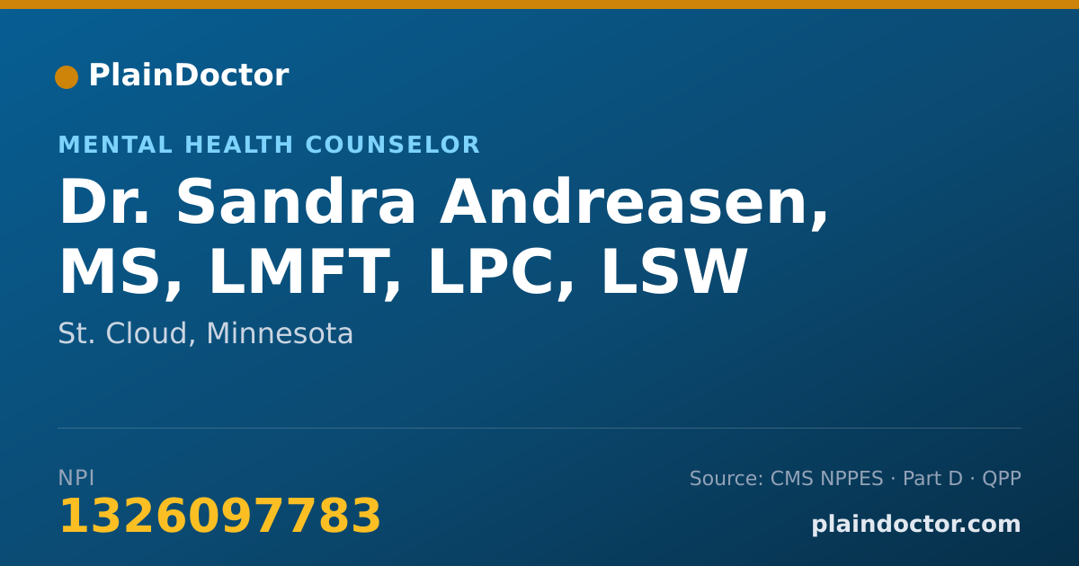 Shareable card for Sandra Andreasen, MS, LMFT, LPC, LSW - Mental Health Counselor, St. Cloud, MN