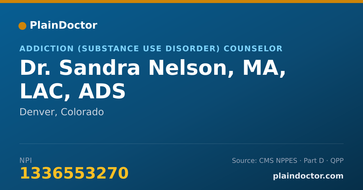 Shareable card for Sandra Nelson, MA, LAC, ADS - Addiction (Substance Use Disorder) Counselor, Denver, CO