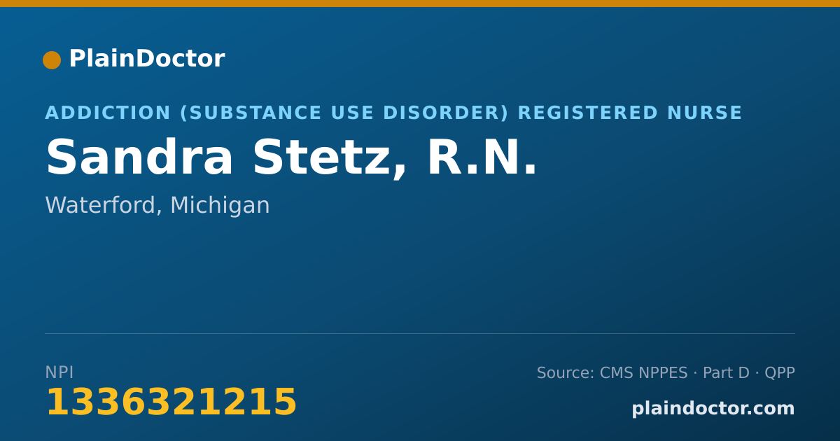 Shareable card for Sandra Stetz, R.N. - Addiction (Substance Use Disorder) Registered Nurse, Waterford, MI