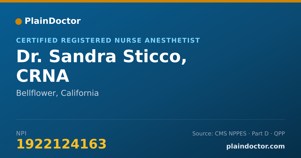 Shareable card for Sandra Sticco, CRNA - Certified Registered Nurse Anesthetist, Bellflower, CA
