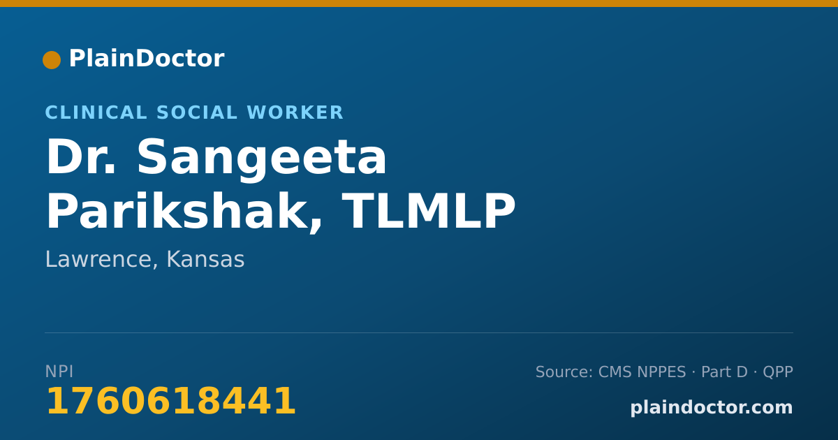 Shareable card for Sangeeta Parikshak, TLMLP - Clinical Social Worker, Lawrence, KS