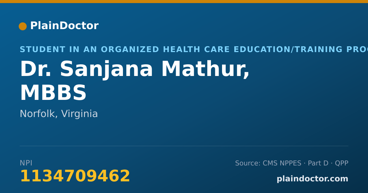 Shareable card for Sanjana Mathur, MBBS - Student in an Organized Health Care Education/Training Program, Norfolk, VA