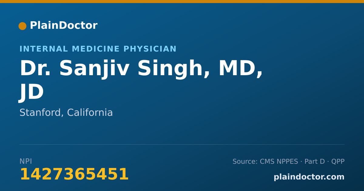 Shareable card for Sanjiv Singh, MD, JD - Internal Medicine Physician, Stanford, CA