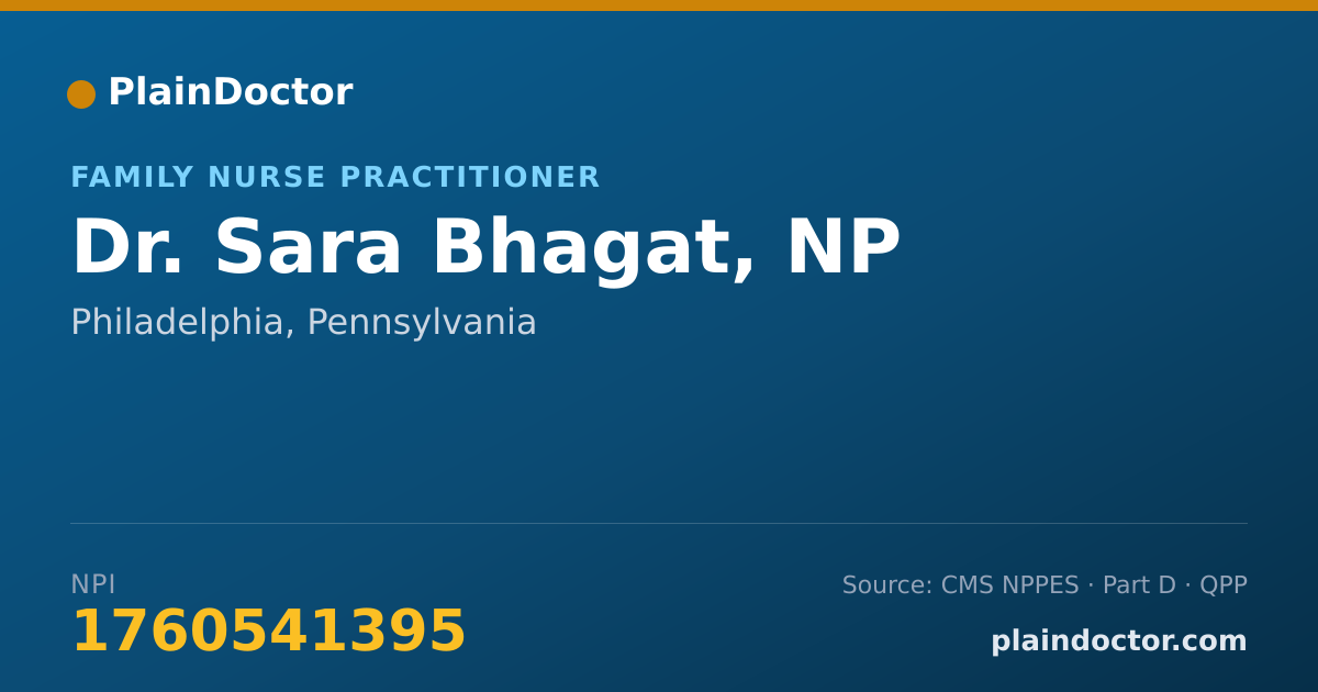 Shareable card for Sara Bhagat, NP - Family Nurse Practitioner, Philadelphia, PA