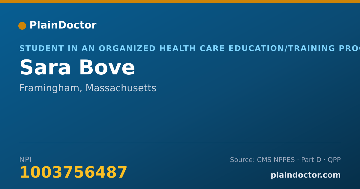 Shareable card for Sara Bove - Student in an Organized Health Care Education/Training Program, Framingham, MA