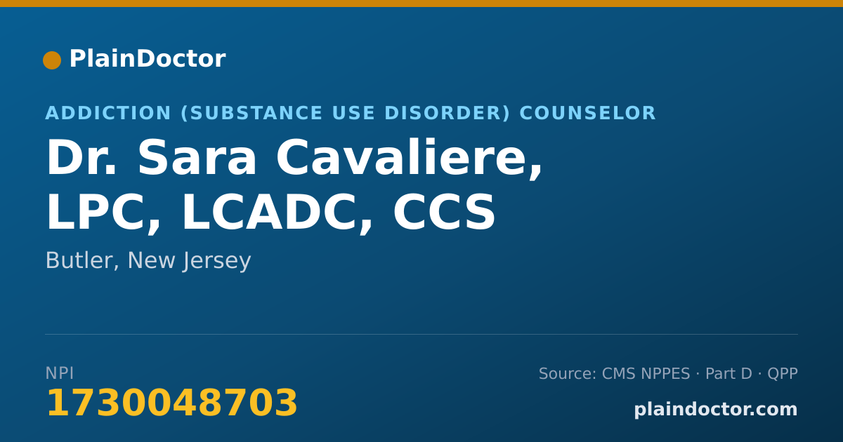 Shareable card for Sara Cavaliere, LPC, LCADC, CCS - Addiction (Substance Use Disorder) Counselor, Butler, NJ