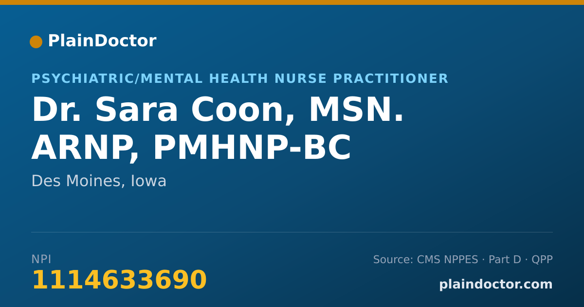 Shareable card for Sara Coon, MSN. ARNP, PMHNP-BC - Psychiatric/Mental Health Nurse Practitioner, Des Moines, IA