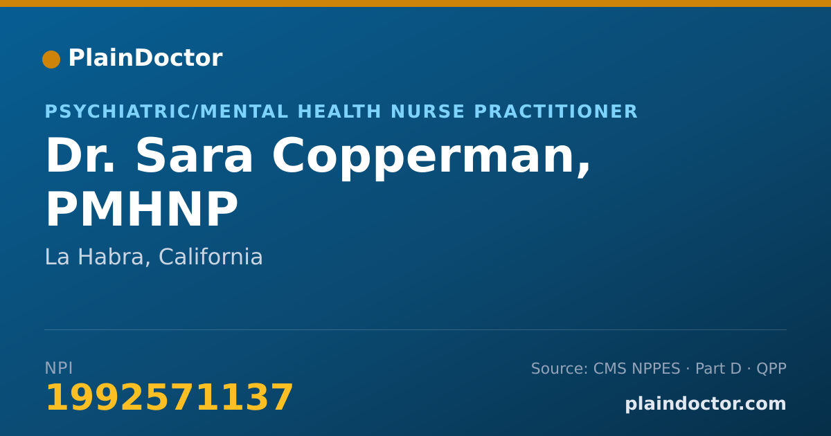Shareable card for Sara Copperman, PMHNP - Psychiatric/Mental Health Nurse Practitioner, La Habra, CA
