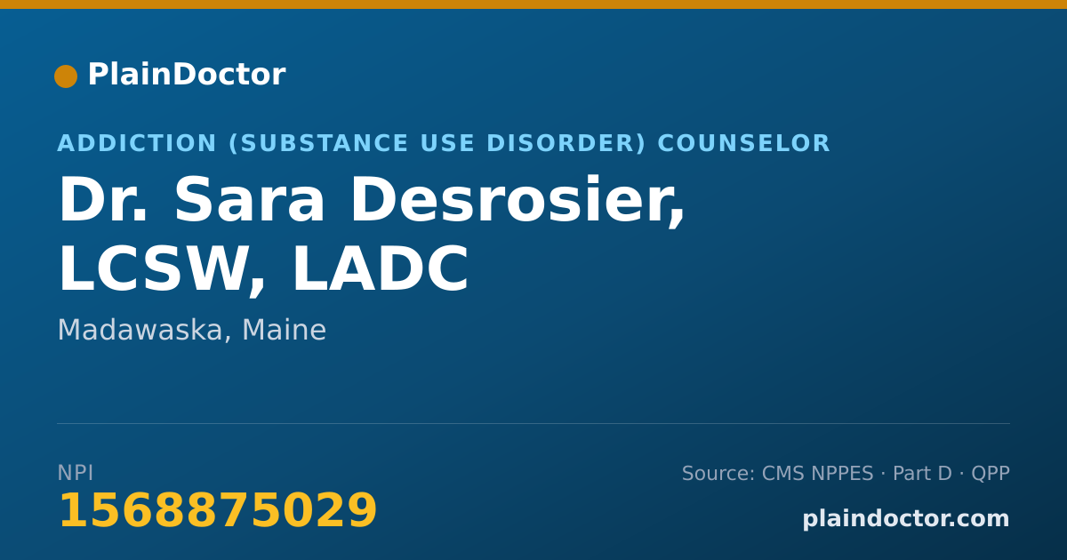 Shareable card for Sara Desrosier, LCSW, LADC - Addiction (Substance Use Disorder) Counselor, Madawaska, ME