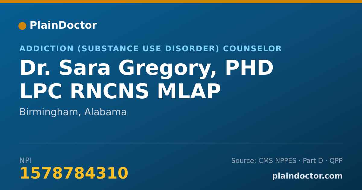Shareable card for Sara Gregory, PHD LPC RNCNS MLAP - Addiction (Substance Use Disorder) Counselor, Birmingham, AL