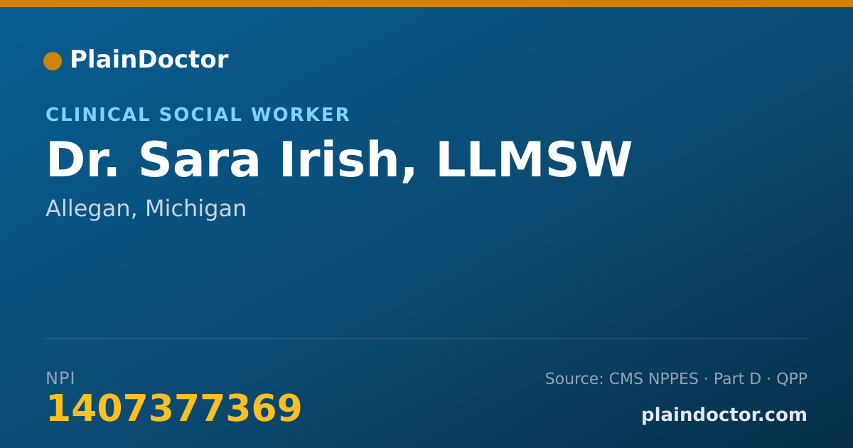 Shareable card for Sara Irish, LLMSW - Clinical Social Worker, Allegan, MI