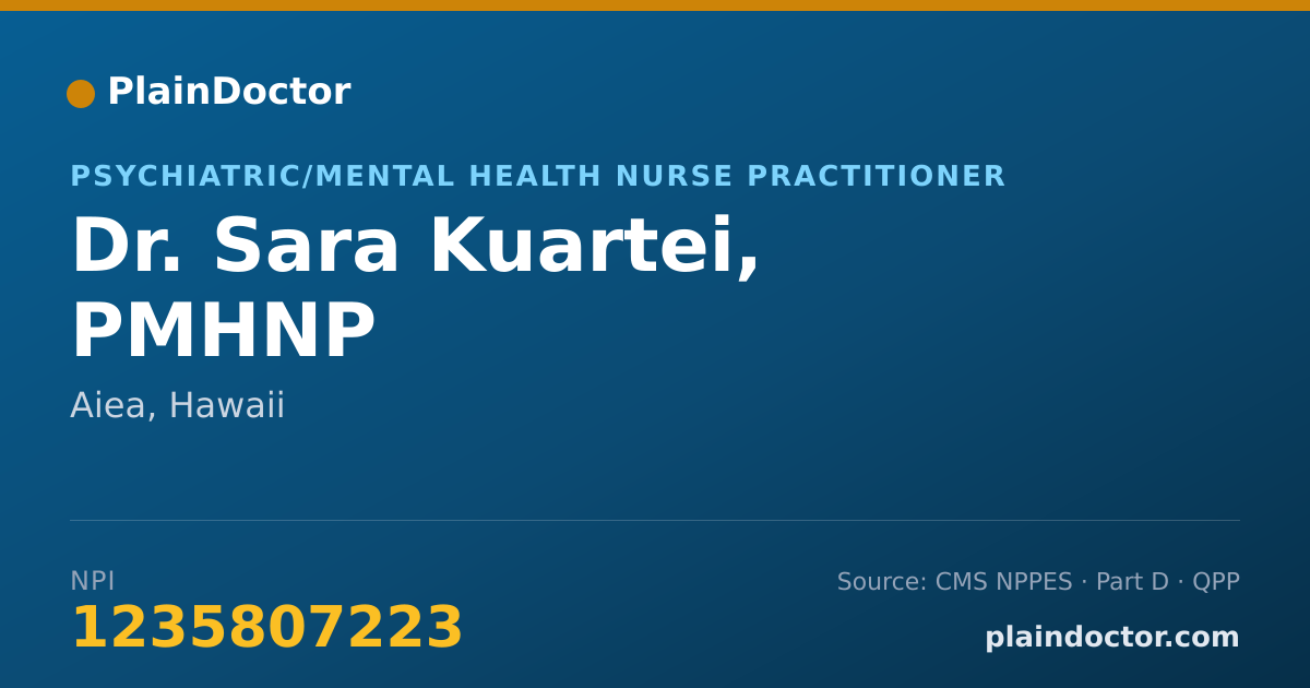 Shareable card for Sara Kuartei, PMHNP - Psychiatric/Mental Health Nurse Practitioner, Aiea, HI