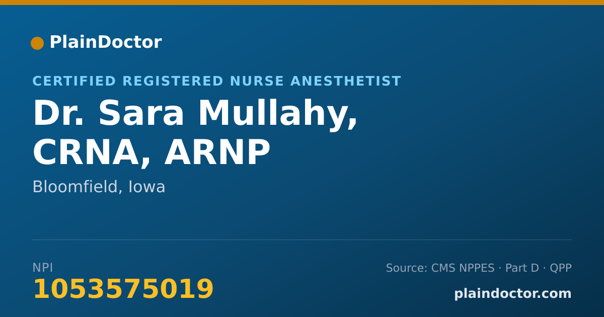 Shareable card for Sara Mullahy, CRNA, ARNP - Certified Registered Nurse Anesthetist, Bloomfield, IA