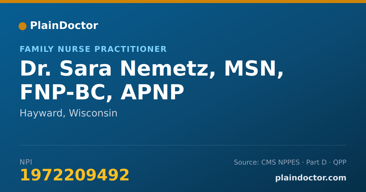 Shareable card for Sara Nemetz, MSN, FNP-BC, APNP - Family Nurse Practitioner, Hayward, WI