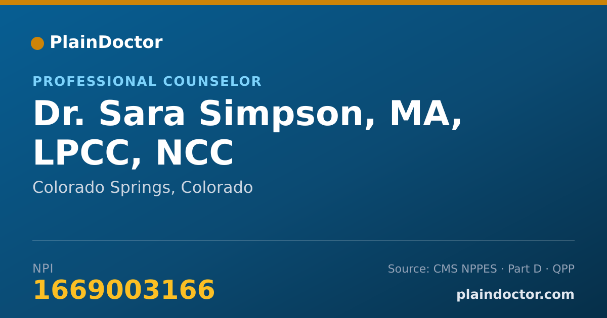 Shareable card for Sara Simpson, MA, LPCC, NCC - Professional Counselor, Colorado Springs, CO