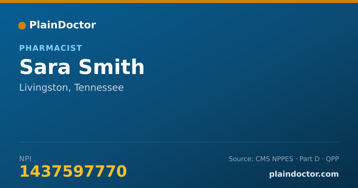 Shareable card for Sara Smith - Pharmacist, Livingston, TN