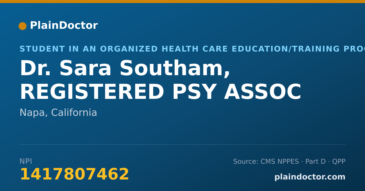 Shareable card for Sara Southam, REGISTERED PSY ASSOC - Student in an Organized Health Care Education/Training Program, Napa, CA