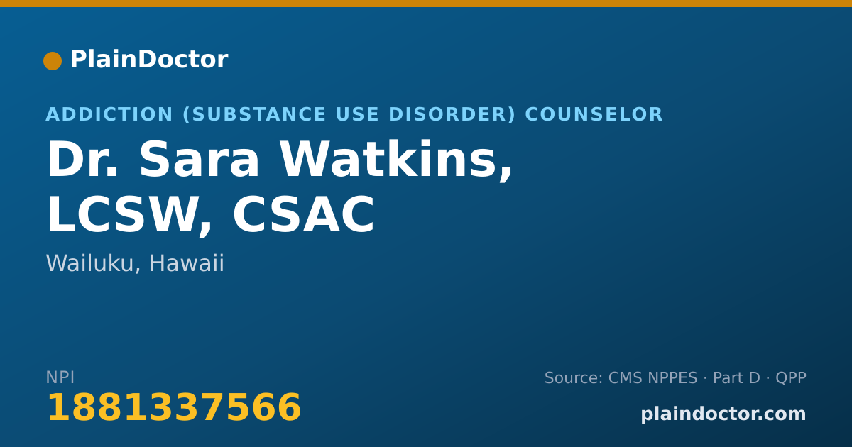 Shareable card for Sara Watkins, LCSW, CSAC - Addiction (Substance Use Disorder) Counselor, Wailuku, HI