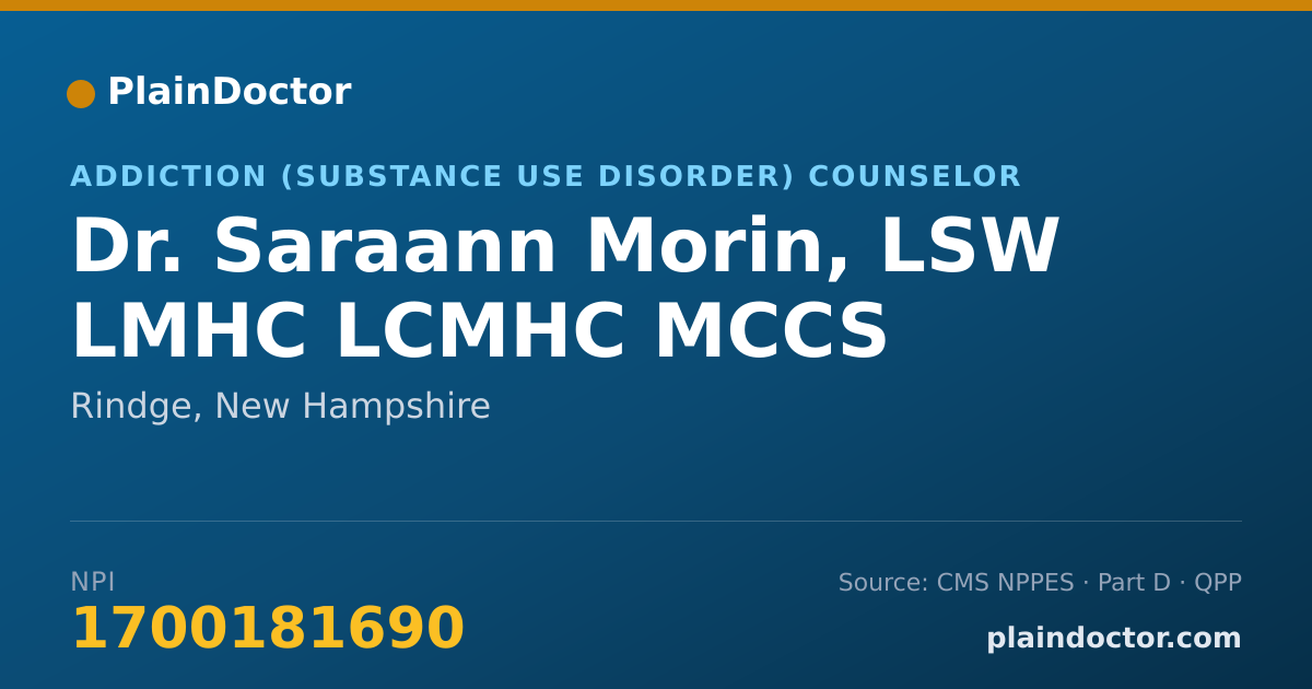 Shareable card for Saraann Morin, LSW LMHC LCMHC MCCS - Addiction (Substance Use Disorder) Counselor, Rindge, NH