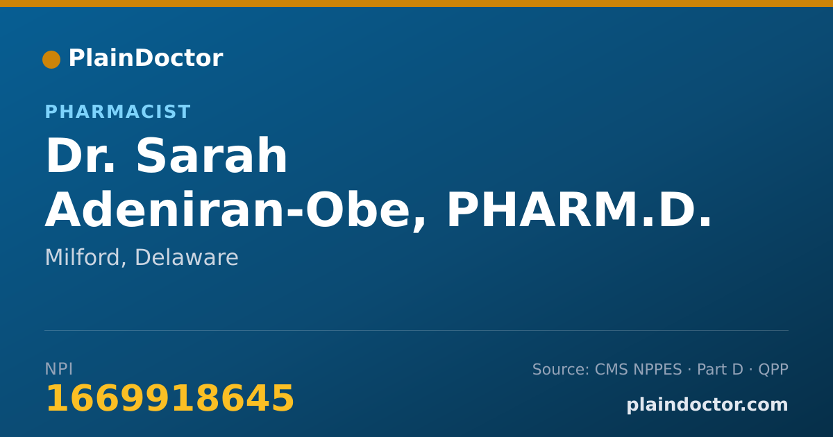 Shareable card for Sarah Adeniran-Obe, PHARM.D. - Pharmacist, Milford, DE