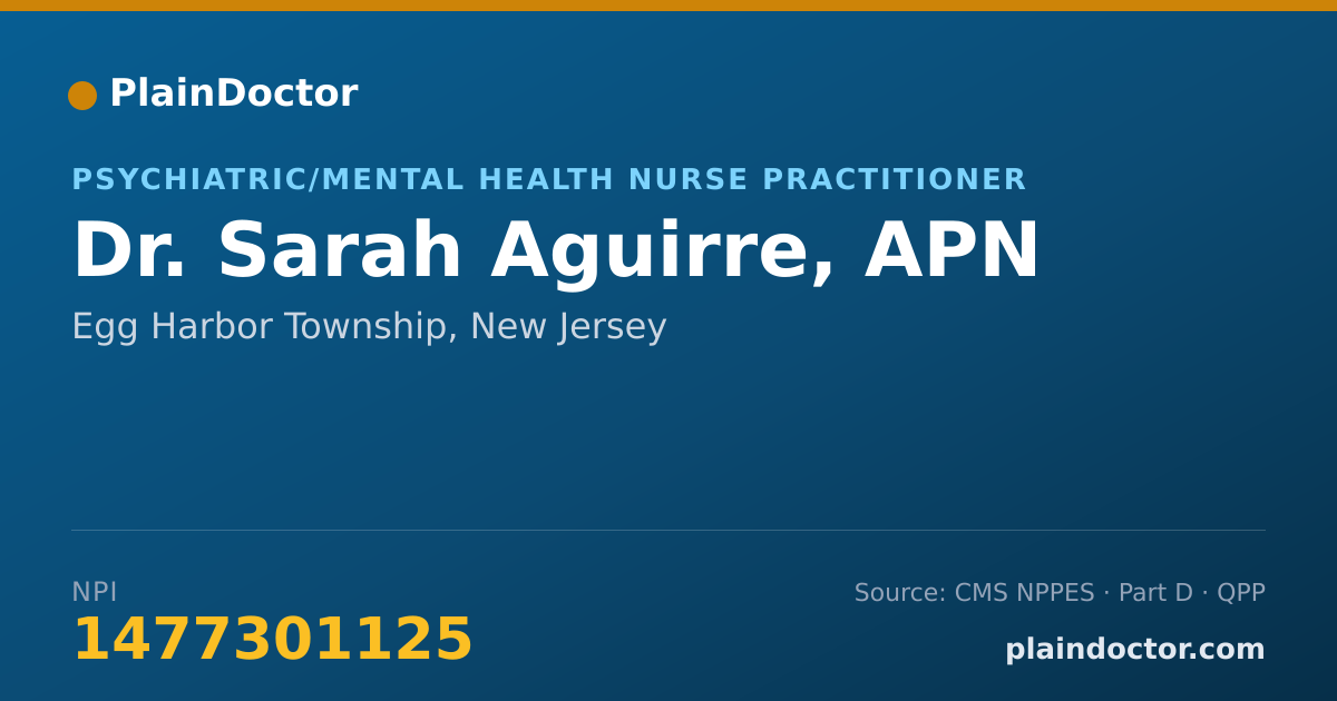 Shareable card for Sarah Aguirre, APN - Psychiatric/Mental Health Nurse Practitioner, Egg Harbor Township, NJ