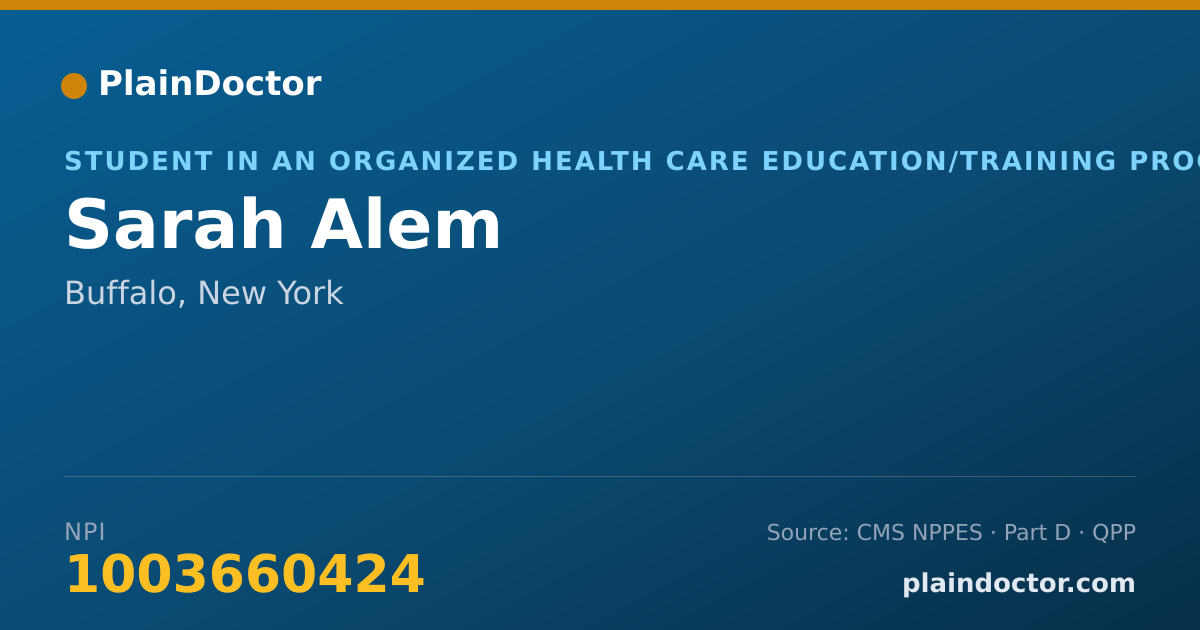 Shareable card for Sarah Alem - Student in an Organized Health Care Education/Training Program, Buffalo, NY