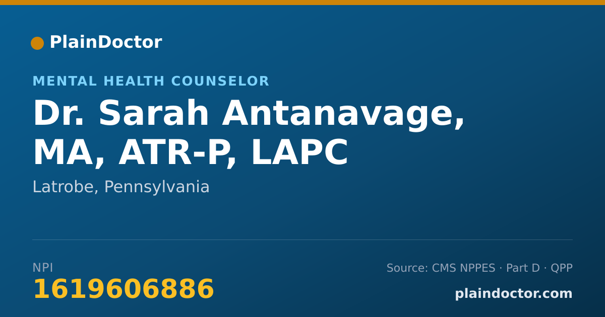 Shareable card for Sarah Antanavage, MA, ATR-P, LAPC - Mental Health Counselor, Latrobe, PA