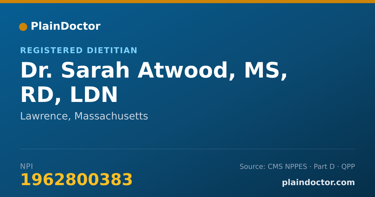 Shareable card for Sarah Atwood, MS, RD, LDN - Registered Dietitian, Lawrence, MA