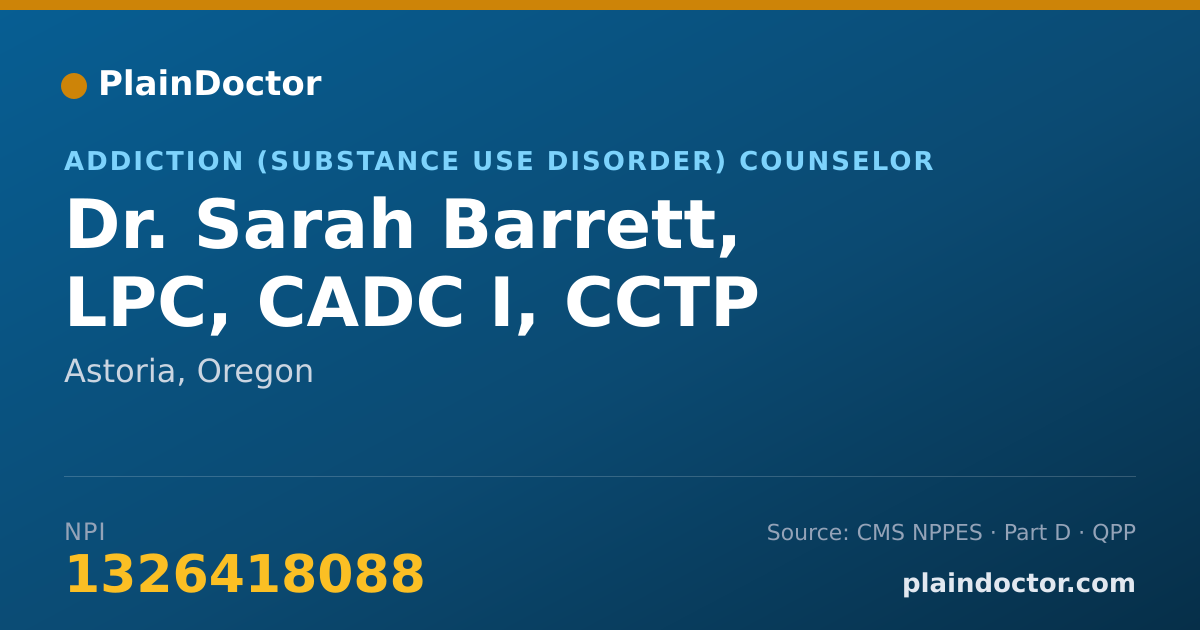 Shareable card for Sarah Barrett, LPC, CADC I, CCTP - Addiction (Substance Use Disorder) Counselor, Astoria, OR