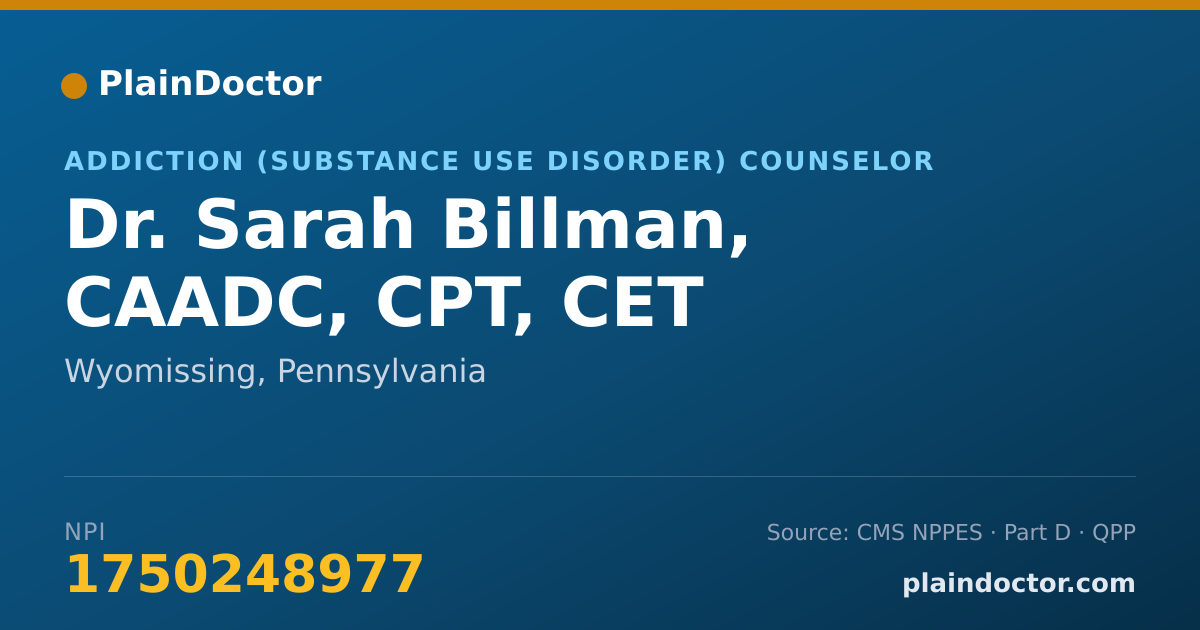 Shareable card for Sarah Billman, CAADC, CPT, CET - Addiction (Substance Use Disorder) Counselor, Wyomissing, PA