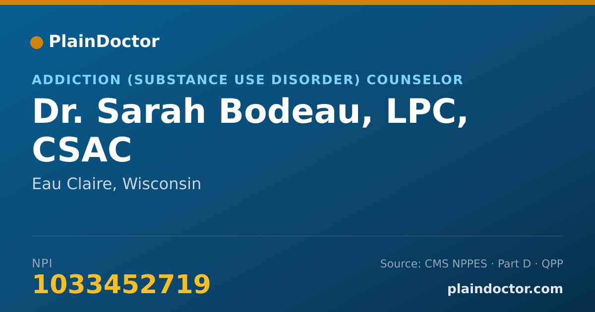 Shareable card for Sarah Bodeau, LPC, CSAC - Addiction (Substance Use Disorder) Counselor, Eau Claire, WI
