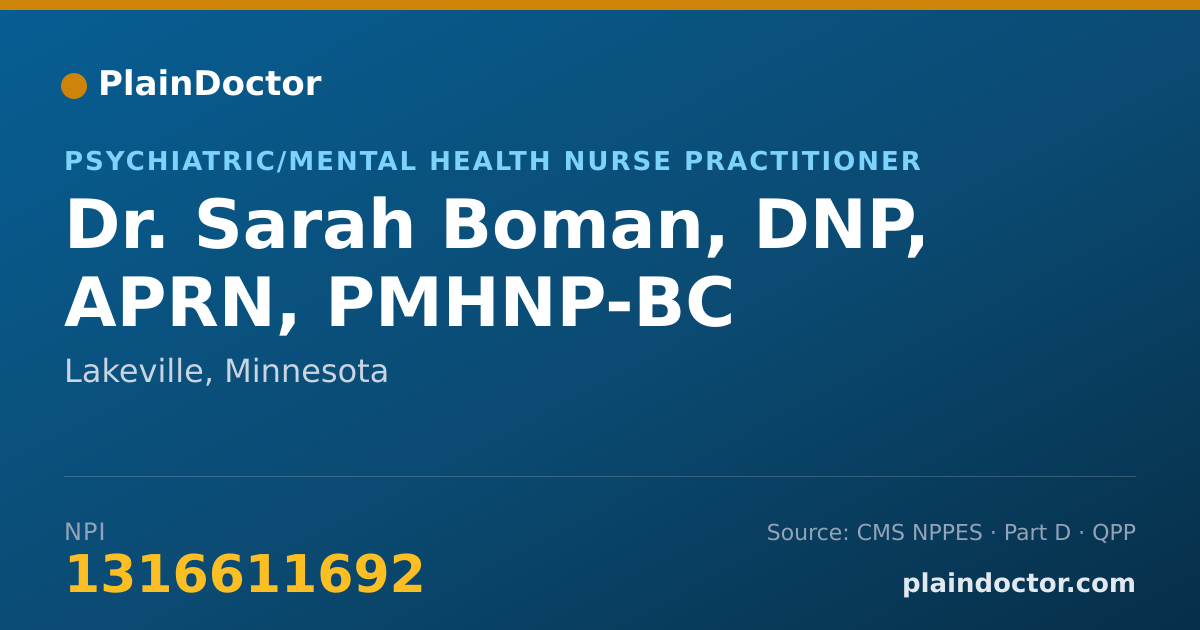 Shareable card for Sarah Boman, DNP, APRN, PMHNP-BC - Psychiatric/Mental Health Nurse Practitioner, Lakeville, MN