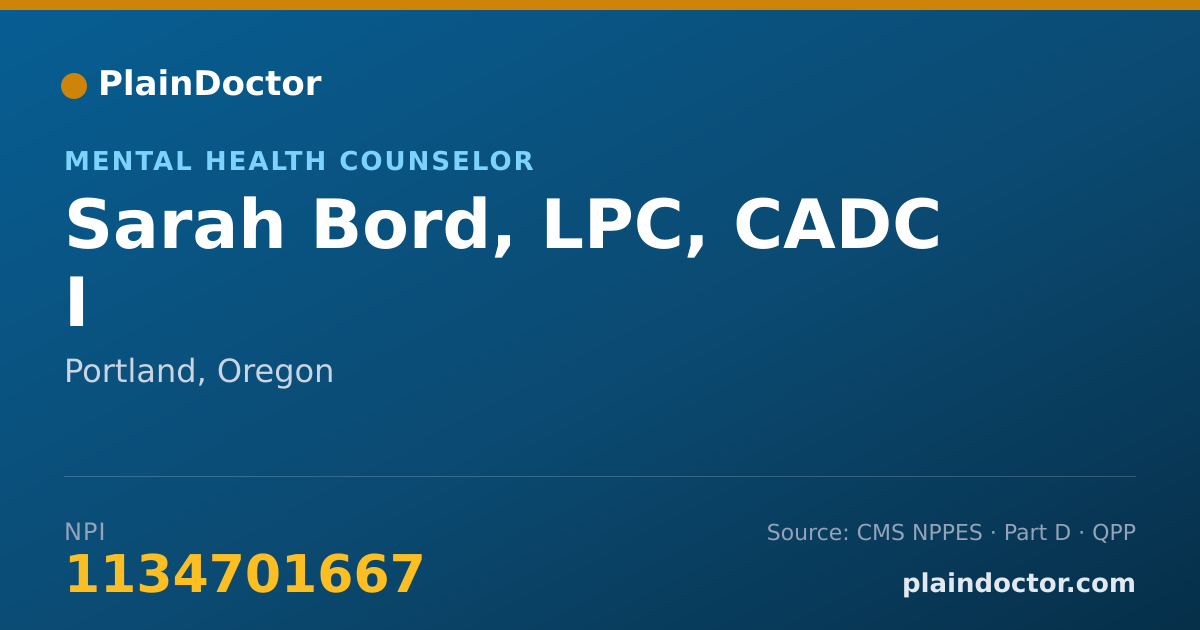 Shareable card for Sarah Bord, LPC, CADC I - Mental Health Counselor, Portland, OR