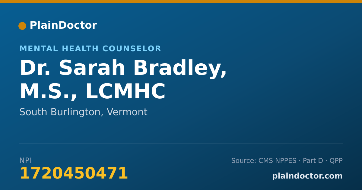 Shareable card for Sarah Bradley, M.S., LCMHC - Mental Health Counselor, South Burlington, VT