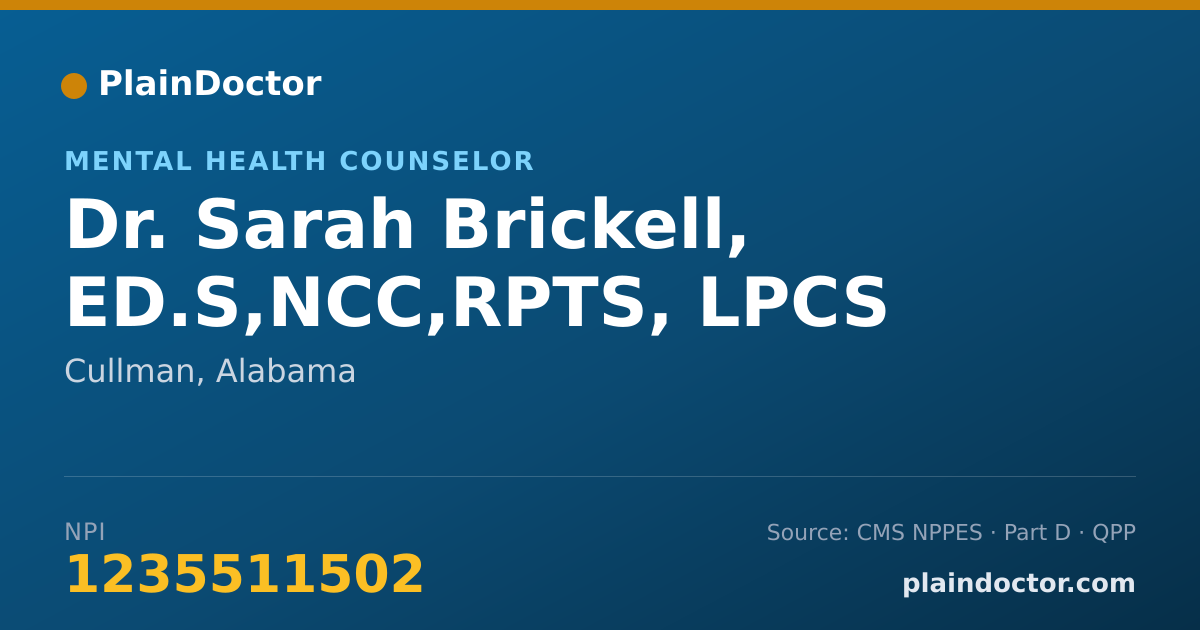 Shareable card for Sarah Brickell, ED.S,NCC,RPTS, LPCS - Mental Health Counselor, Cullman, AL