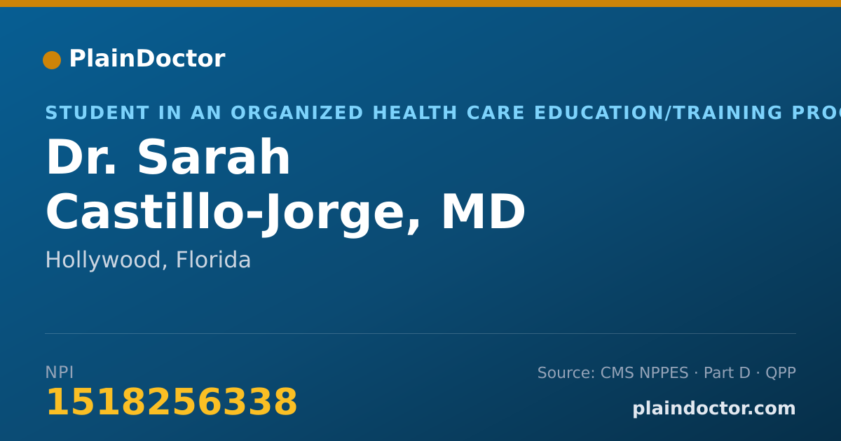 Shareable card for Sarah Castillo-Jorge, MD - Student in an Organized Health Care Education/Training Program, Hollywood, FL