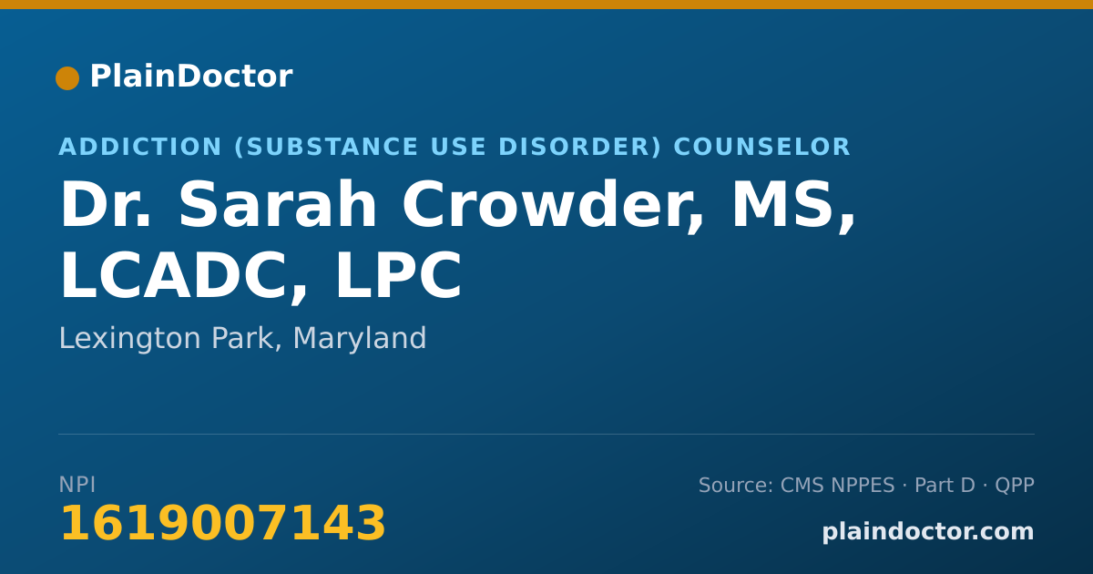 Shareable card for Sarah Crowder, MS, LCADC, LPC - Addiction (Substance Use Disorder) Counselor, Lexington Park, MD